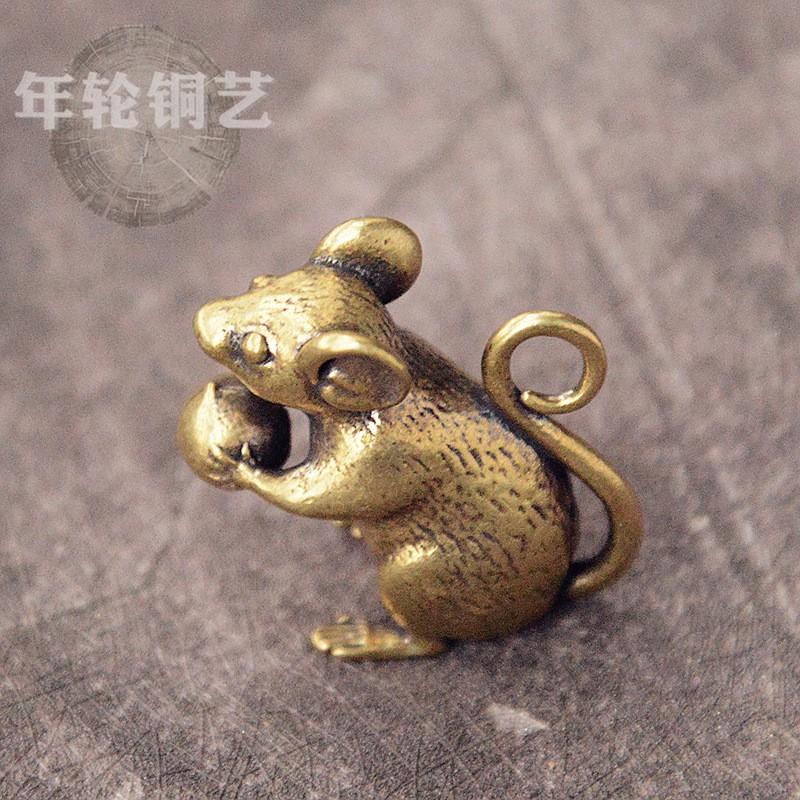 Solid Brass Rat Holding Peach Keychain Animal Zodiac Charm Decorative Key Ring Bag Car Home