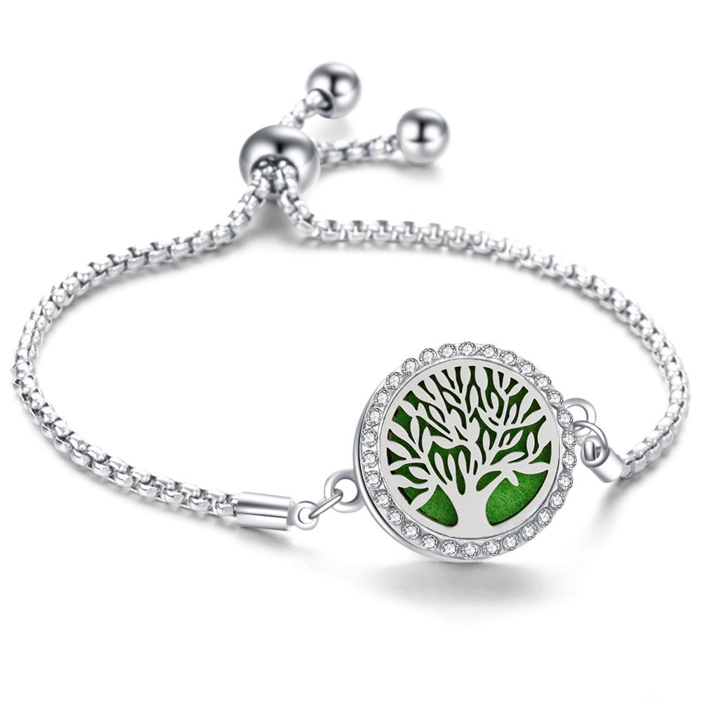 Crystal Rhinestone Aromatherapy Tree of Life Bracelet - Adjustable Titanium Steel with Essential Oil Compartment.