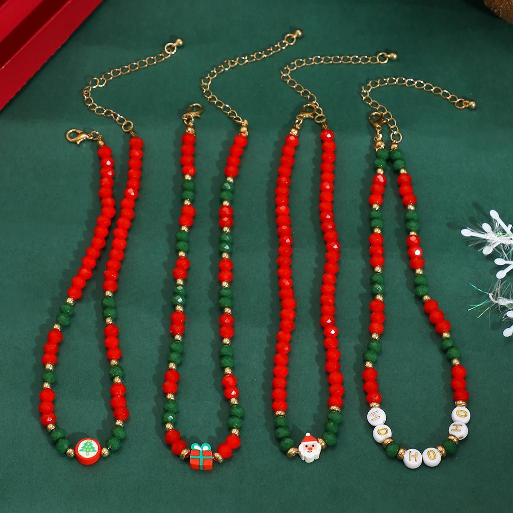 4Pcs Creative Red Crystal Polymer Clay Chain Necklace for Women Delicate Santa Claus Choker Sweater Christmas Neck Jewelry Party