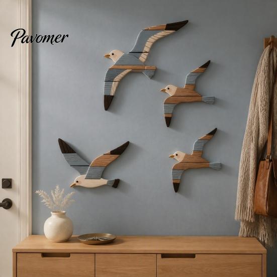 3D Wooden Bird Wall Hanging 3/4Pcs Seagull Decor, Nautical Coastal Theme Art, Natural Wood Texture Decor Adhesive Sculpture for Home Bedroom