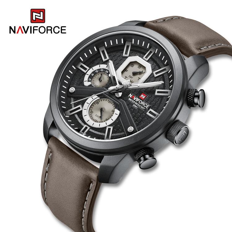 Naviforce ساعة يد رياضية عصرية بحزام جلدي للرجال أصلية مقاومة