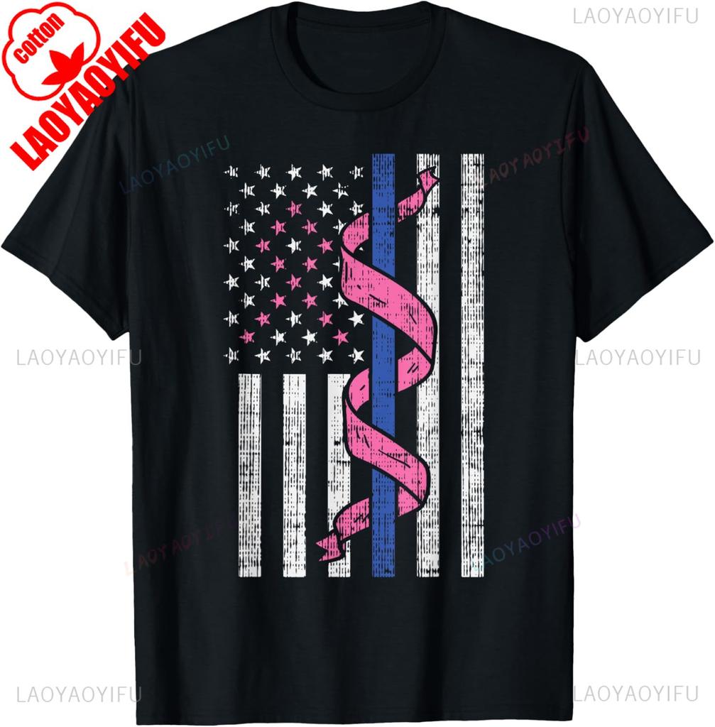 Blue Line Police Us Flag T Shirt Pink Ribbon Breast Cancer Shirt Support Law Enforceunisext Honor Survivors Cotton Tee For Unisex