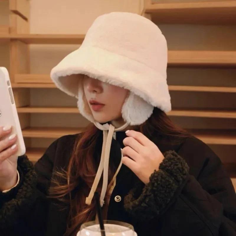 Korean New Ear Protection Bucket Hats for Women Autumn and Winter Travel Versatile Warm Retro Solid Color Plush Men's Caps