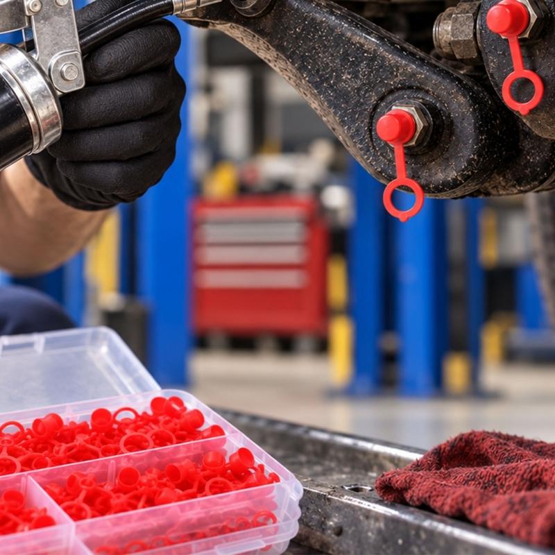 Tethered Grease Zerk Fitting Dust Covers, Plastic Fitting Covers with Attached Retainers That Remain At the Fitting During Routine Service Tasks