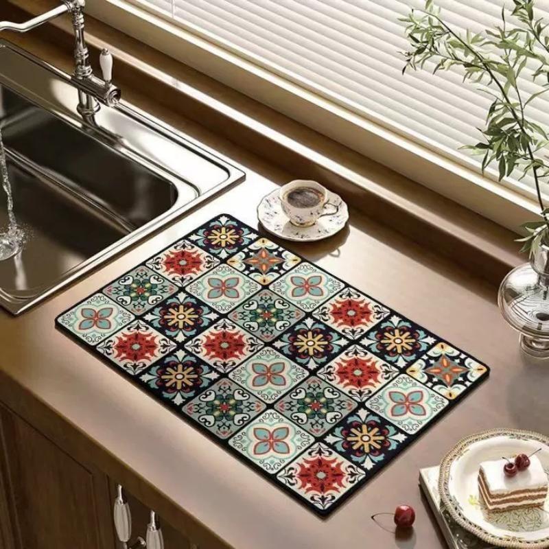 Retro Bohemian Pattern Diatom Pad Water-Absorbing Pad Kitchen Coffee Machine Absorbent Drainage Pad Tableware Cup Drying Mats