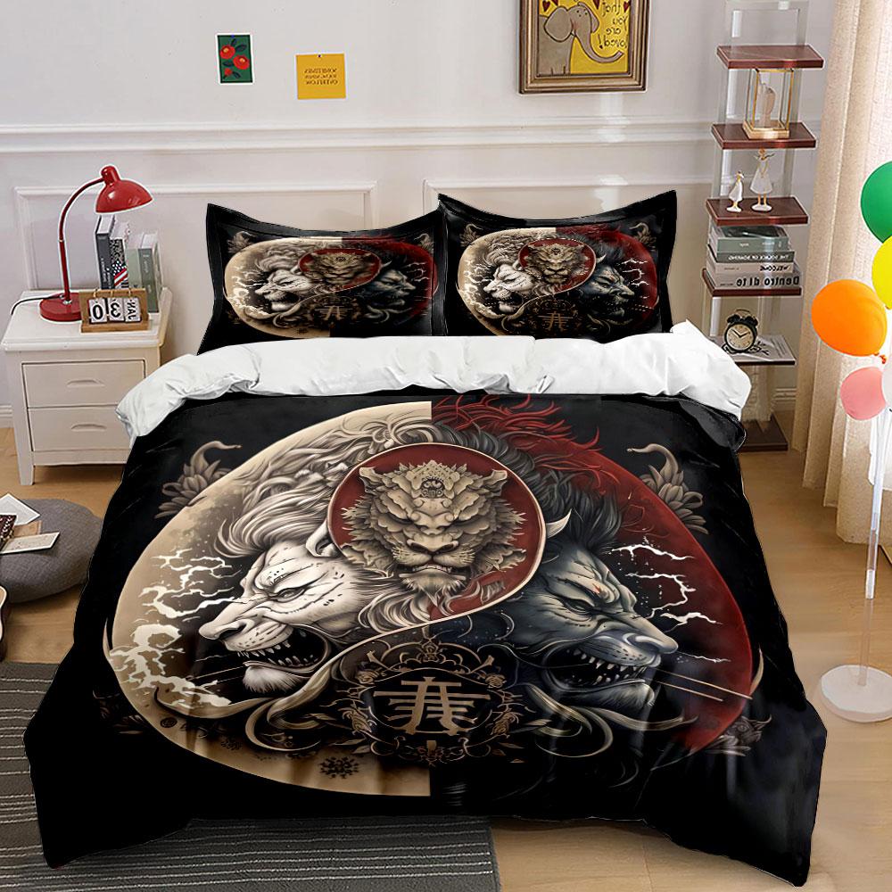 "Dragon Tiger Yin-Yang Decor Set" Bedding Set with 1 Duvet Cover 2 Pillowcases Single Double King Queen, Gift