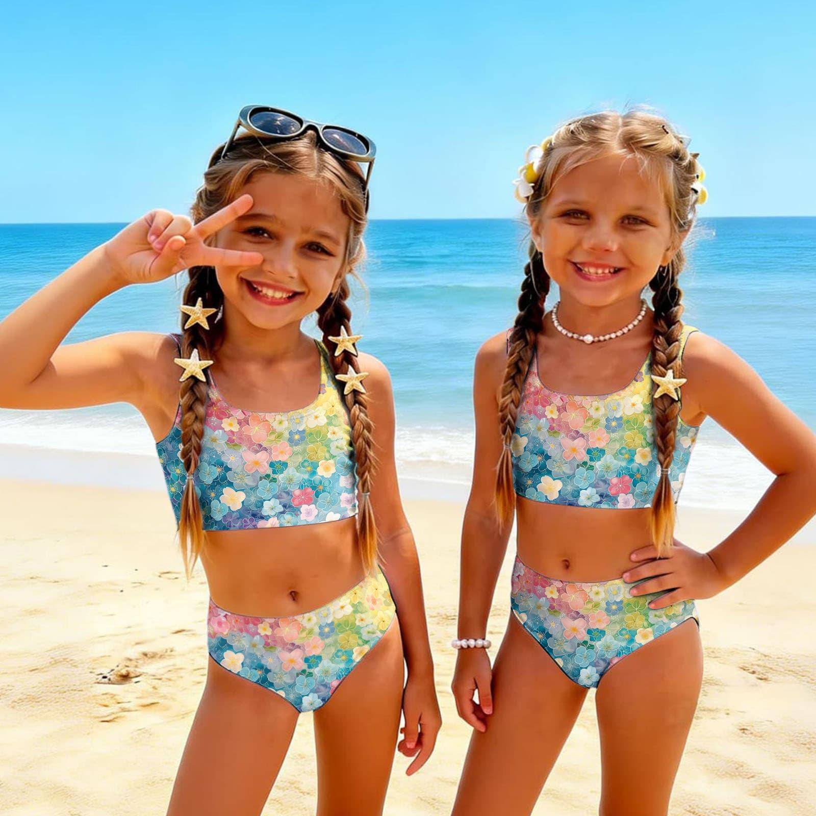 

Girls Two Piece Swimsuit Set Floral Print Tankini Top and High Waist Bottoms Summer Beachwear Swimwear for Kids 130