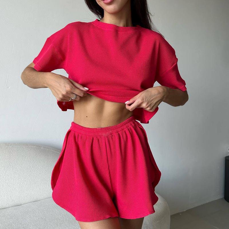 European & American Casual Women's Summer Pajama Set - Comfortable Sexy Solid Color, Short Sleeve & Shorts 2-Piece Set