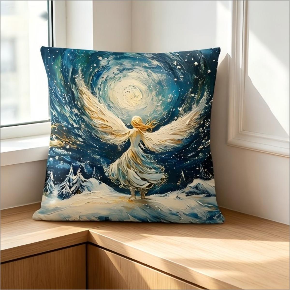 Blue Starry Night Angel Print Throw Pillow Cover, Winter Christmas Oil Painting Decorative Cushion Peach skin 18*18(CM)-1Pcs
