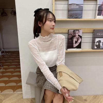 Slim-Fit Lace Mesh Collared Shirt for Women - Long Sleeve Layered Top for Autumn/Winter