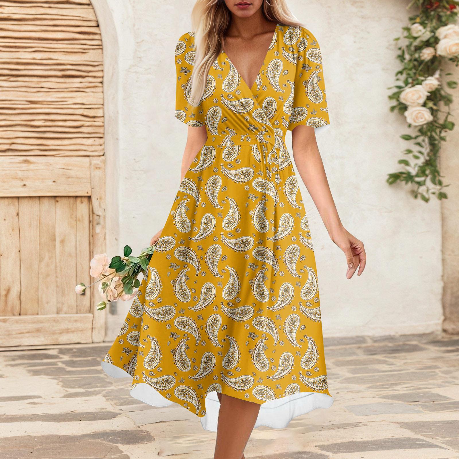 

Женское летнее свободное платье с V-образным вырезом и коротким рукавом, элегантное платье XL жёлтый
