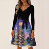 Women's Casual Fashion V Neck Long Sleeve Christmas Printed Party Vintage Long Dresses