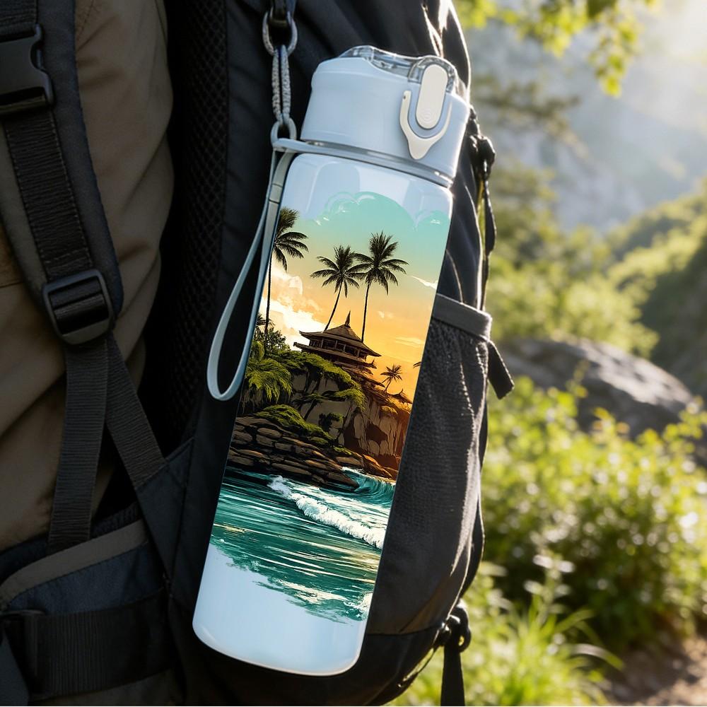 1PC Ocean Coast Sunrise Scenery Pattern 750ml Color Plastic Sports Water Bottle Leakproof Flip Straw Lid Suitable for Sports Office Home Use
