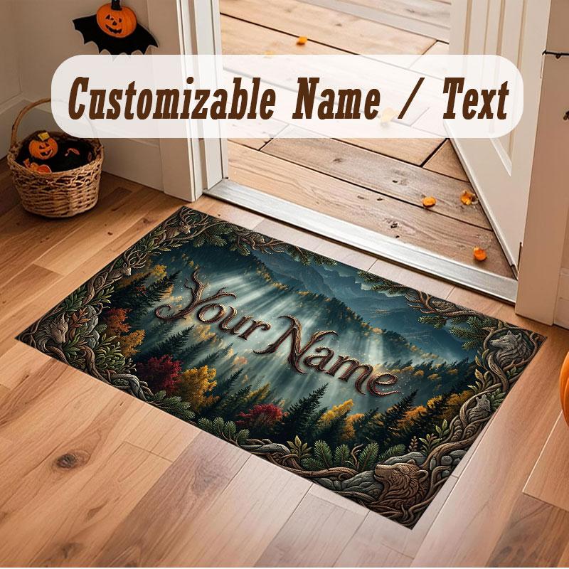 Mushroom Forest Theme Crystal Velvet Floor Rug Personalized Custom Name Text Warm Carpet Home Decoration