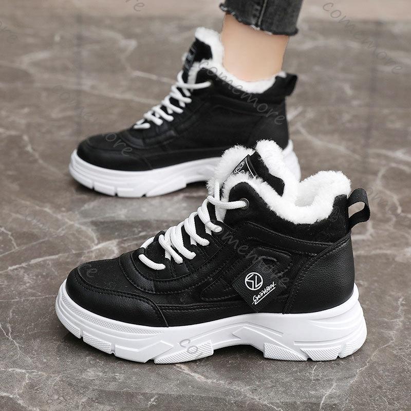 Comemore Autumn and Winter Warm Cotton Shoes Splicing Women's Platform Sneakers Casual Lace Up Sports Leather Heightening Shoes