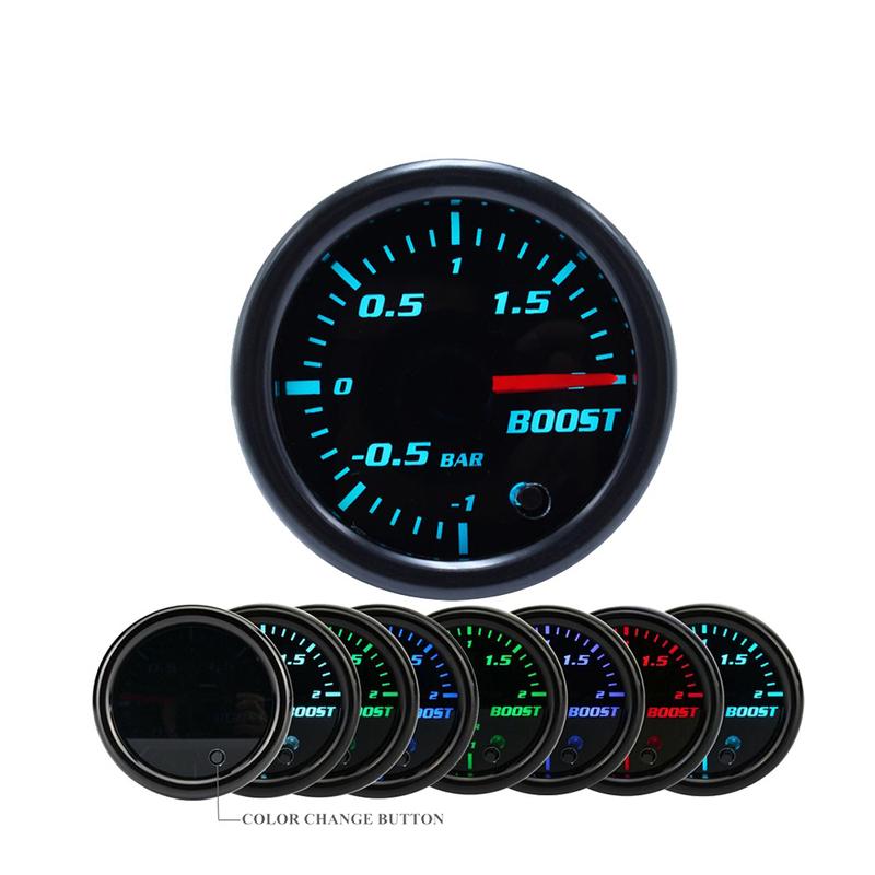BAOLUN 2" 52mm Universal Car Turbo Boost Gauge Pointer LED BAR Pressure Meter 7 Color Black Face with cup & without cup