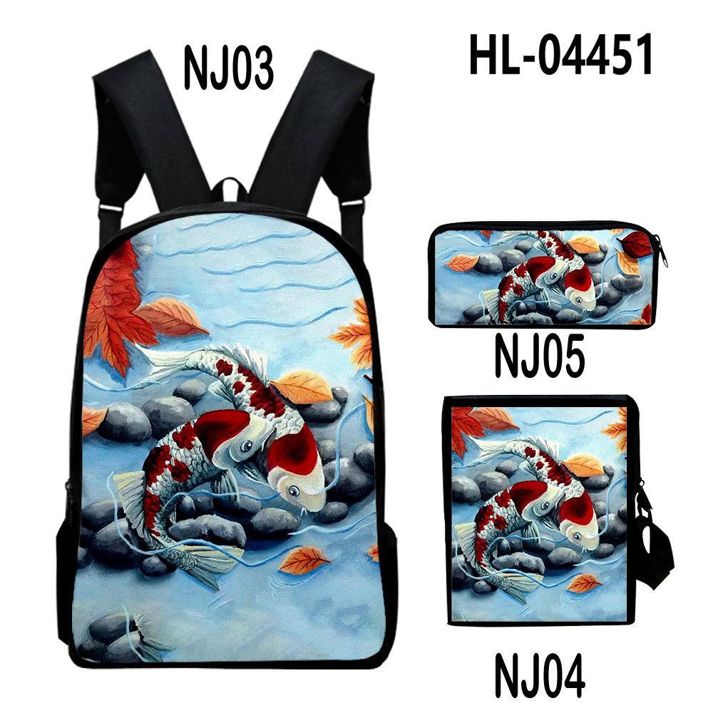 Classic Novelty Cool Koi Carp 3D Print 3pcs/Set Pupil School Bags Laptop Daypack Backpack Inclined Shoulder Bag Pencil Case