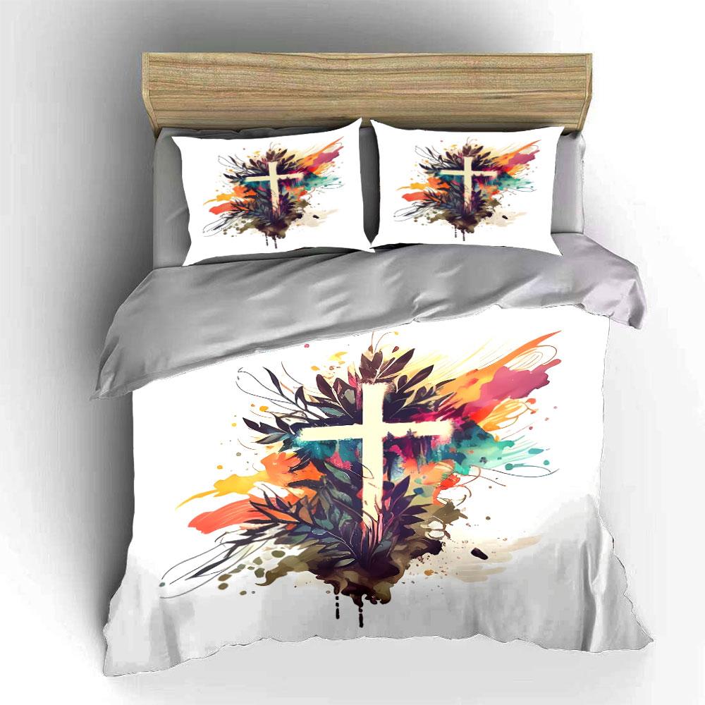 Abstract Cross with Floral Art Bedding Duvet Cover Set Duvet Cover Pillowcases (1*Duvet Cover 2*Pillowcases, Without Duvet Insert)