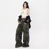 Vintage Camouflage Overalls Casual Multi-Pocket Wide Leg Loose Straight Skinny Floor Pants Trousers & Extended Elastane