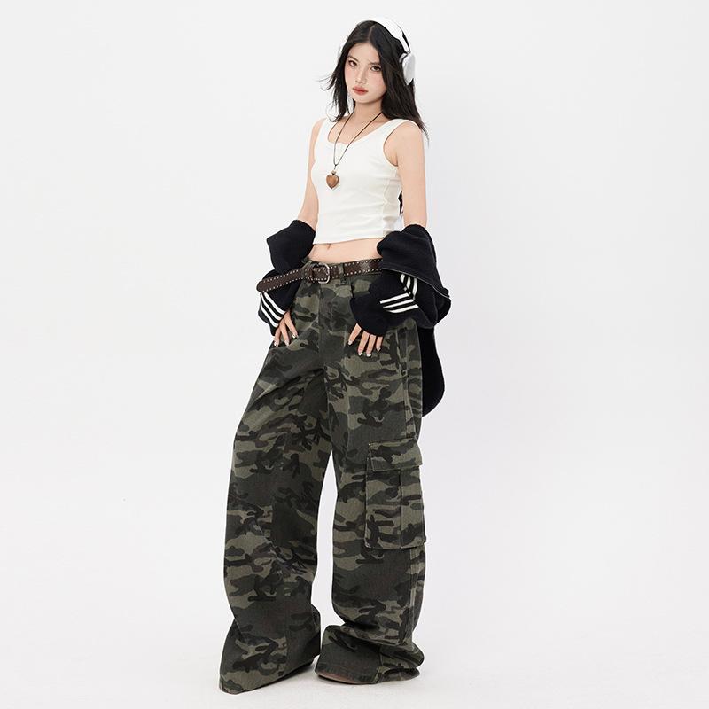 Vintage Camouflage Overalls Casual Multi-Pocket Wide Leg Loose Straight Skinny Floor Pants Trousers & Extended Elastane