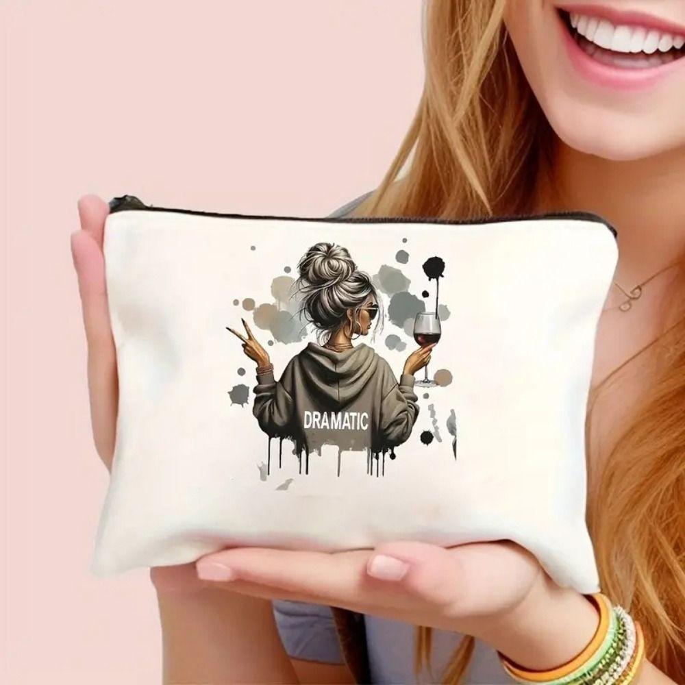 Unique Canvas Makeup Bags Zipper Closure Cute Girl Pattern Girls Cosmetic Pouch Large Capacity Storage Handbag Girls