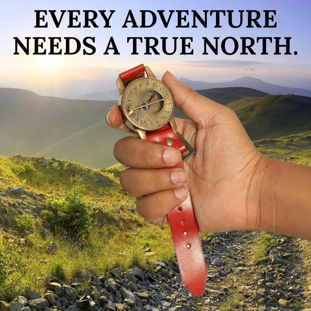 Náramkové hodinky se slunečními hodinami, mosazný kompas a kožené řemínky, námořní steampunk, ruční výroba