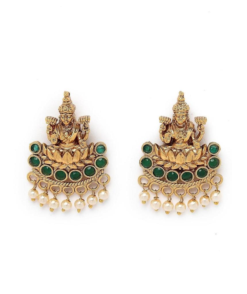 Sparkling Indian Temple Gold Plated Green Beads Choker Necklace Set With Studs Earring | Jewellery Set For Women