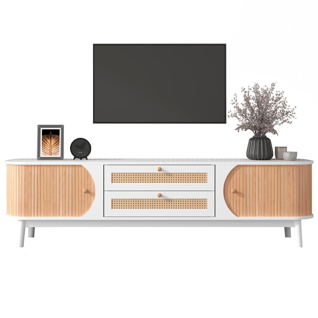 TV Cabinet - Natural Wood Blend TV Cabinet with Doors and Drawers. TV Stand with Rattan Sides. Storage Solution, Natural Country Style.