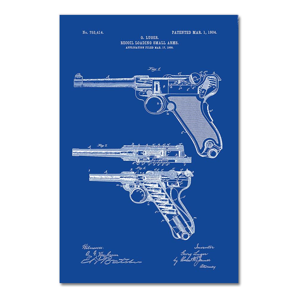 Gun Blueprint Luger Pistol Patent Chart Canvas Painting Posters And Prints Wall Pictures For Living Room Decoration Home Decor