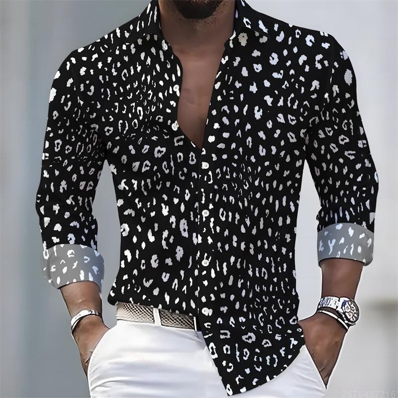 Men's Leopard Print Long-sleeved Shirt, Trendy Retro Slim-fit Turn-down Collar Casual and Stylish Men's Shirt, Sizes