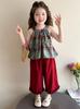 Girls' Summer Plaid Polka Dot Suspender Outfit - Sleeveless Ruffled Top & Wide-Leg Pants, Two-Piece Set for Kids