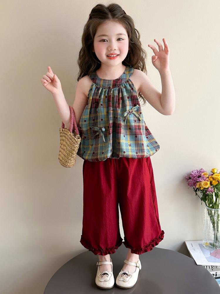 Girls' Summer Plaid Polka Dot Suspender Outfit - Sleeveless Ruffled Top & Wide-Leg Pants, Two-Piece Set for Kids