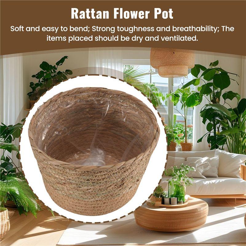 A84E-Straw Weaving Flower Plant Pot Wicker Basket Rattan Flowerpot Storage Basket Handmade Woven Planter Basket Durable M