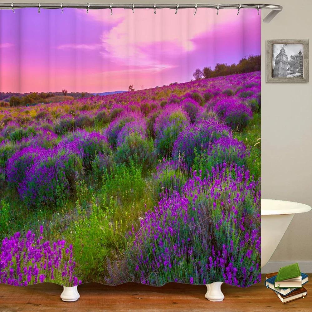 lavender scenery Print shower curtain natural Scenery bath curtain waterproof fabric bathroom curtain with Hook for home decor W90xH180cm