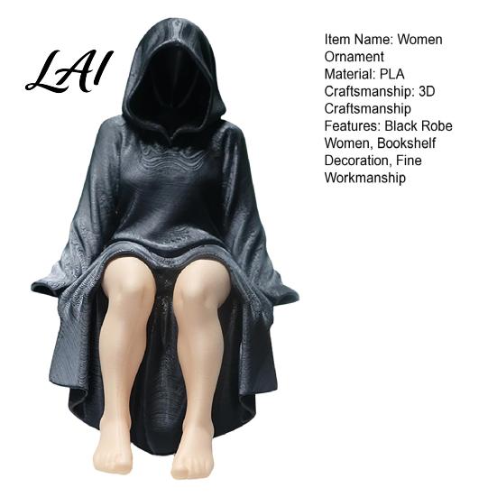 3D Printed Woman Statue Black Robe Women Figurine Sitting Hooded Female Shelf Office Desk Decoration Sitter Gothic for Home Bookshelf Decorative