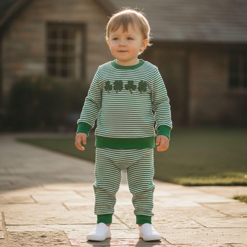Unisex Baby St. Patrick's Day Clover Embroidered Striped Two-Piece Set (Autumn/Winter)