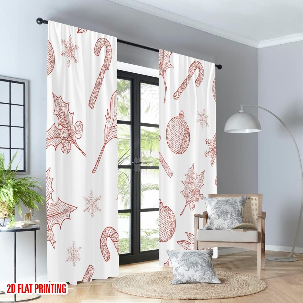 2pcs 2D flat printing Christmas Hot Party Curtains Christmas Holly Candy Cane Ornament Digital Printed Polyester Drapes Holiday