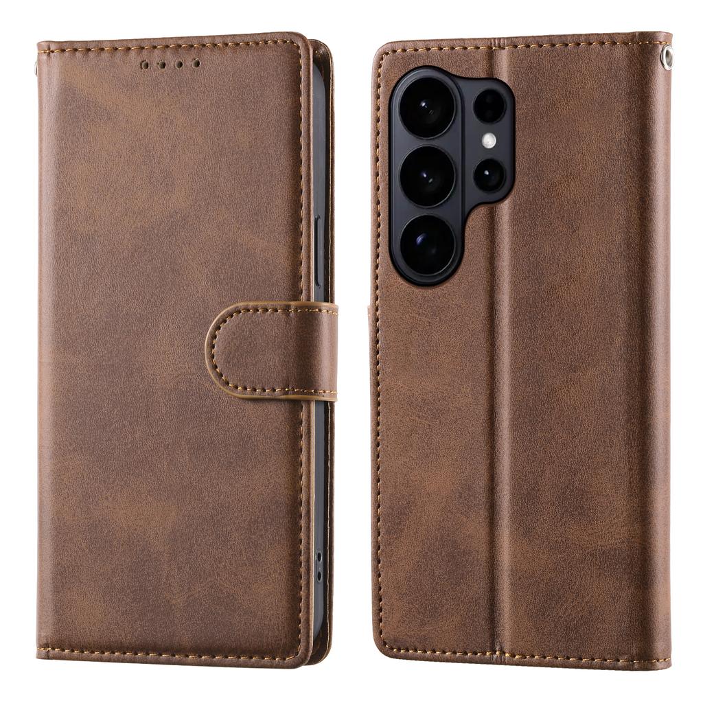 For Samsung Galaxy S26 Ultra Case Stand Wallet Calf Texture PU Leather Flip Phone Cover with Wrist Strap