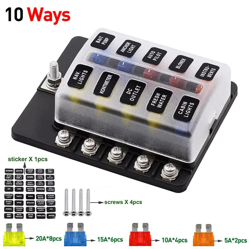 Universal Car Boat 10 Way 6 Way Blade Fuse Terminal Block Car Track Fuse Holder Box Wiring Power Connector Switch with Light 12V