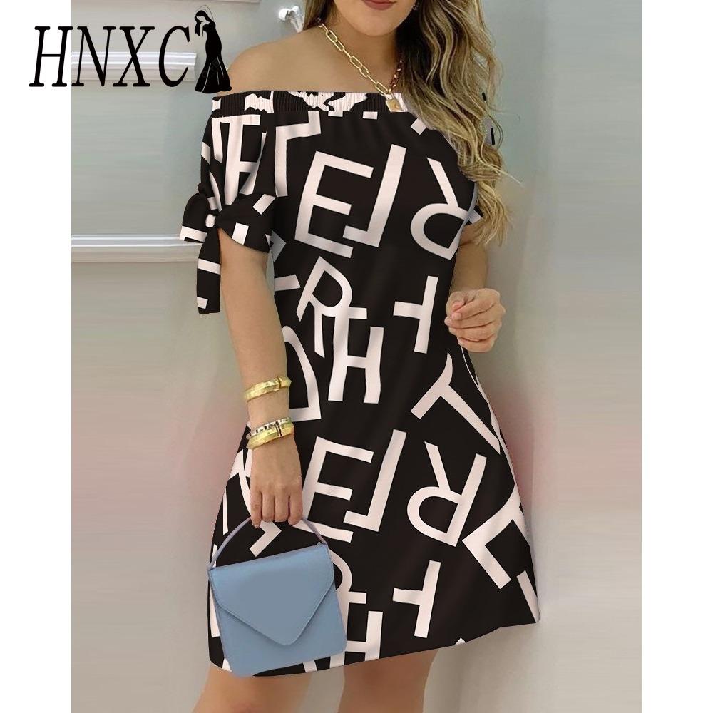 HNXC Women Fashion Off Shoulder Dress Short Sleeve Bow Tie Print Dresses Summer Beach Dresses Plus Size