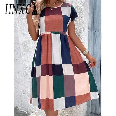 Women's Fashion Summer Spring Colour Block Print Short Sleeve O-Neck  Casual Dresses