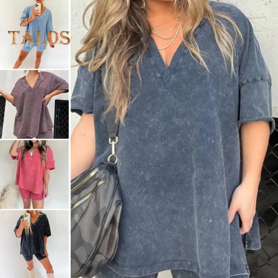 2 Teile/satz Frauen Sommer Sportswear-Set V Neck Side Split Kurzen Ärmeln Lose T-shirt Elastische Taille Mini Hosen Set Trainingsanzug Sport kleidung