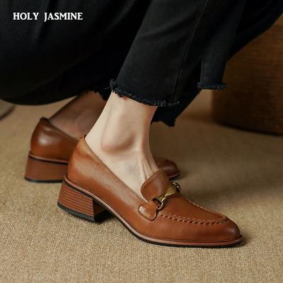 Fashion Basic Women Pumps Spring Summer High Heel Round Toe Buckle Genuine Leather Office Lady Working Loafers Shoes Woman 2025 New