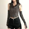 Damen Gothic Kapuzen Crop Top mit abnehmbaren Ärmeln Used Look Ärmellos Y2K Punk Streetwear Set