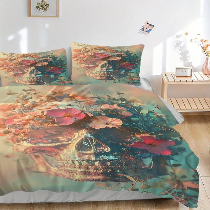 3pcs Floral Skull Duvet Cover Set - Machine Washable, Includes 1 Cover and 2 Pillowcases, No Core Included yy251013099