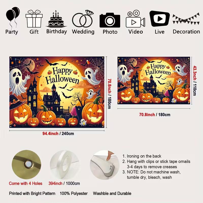 2D Spooky Halloween Backdrop with Full Moon, Ghosts and Pumpkins Party Decoration Background