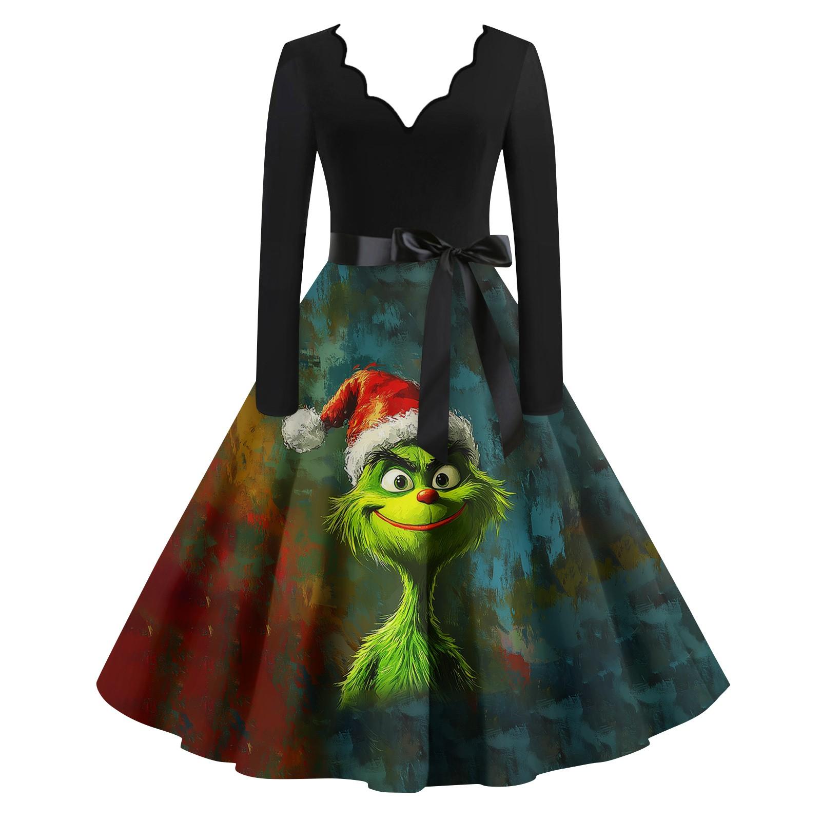 

Женское повседневное модное платье с длинным рукавом и принтом, вечернее повседневное платье с V-образным вырезом и вырезом XL зелёный