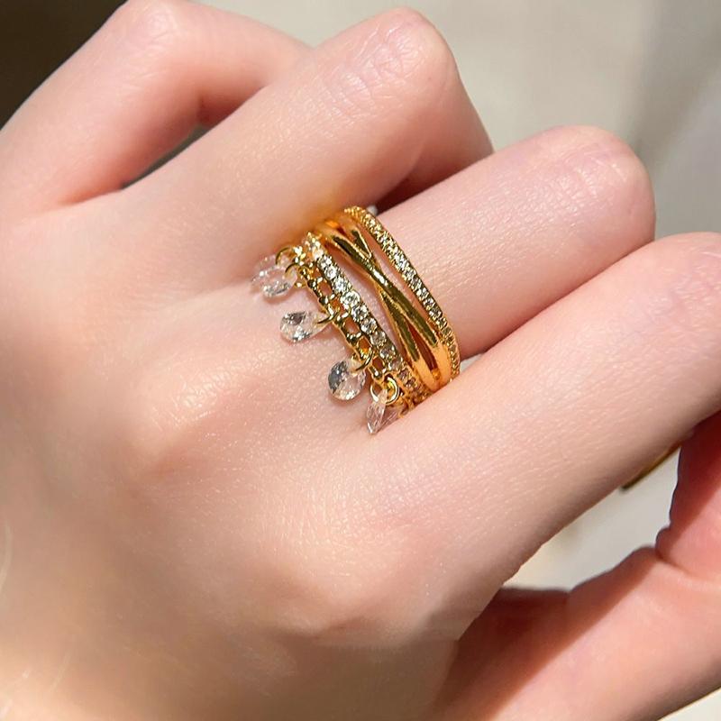 Brushed Cross Lines Zircon Water Droplet Pendant Open Ring For Women Vintage French Niche Luxury Jewelry Gift Wholesale