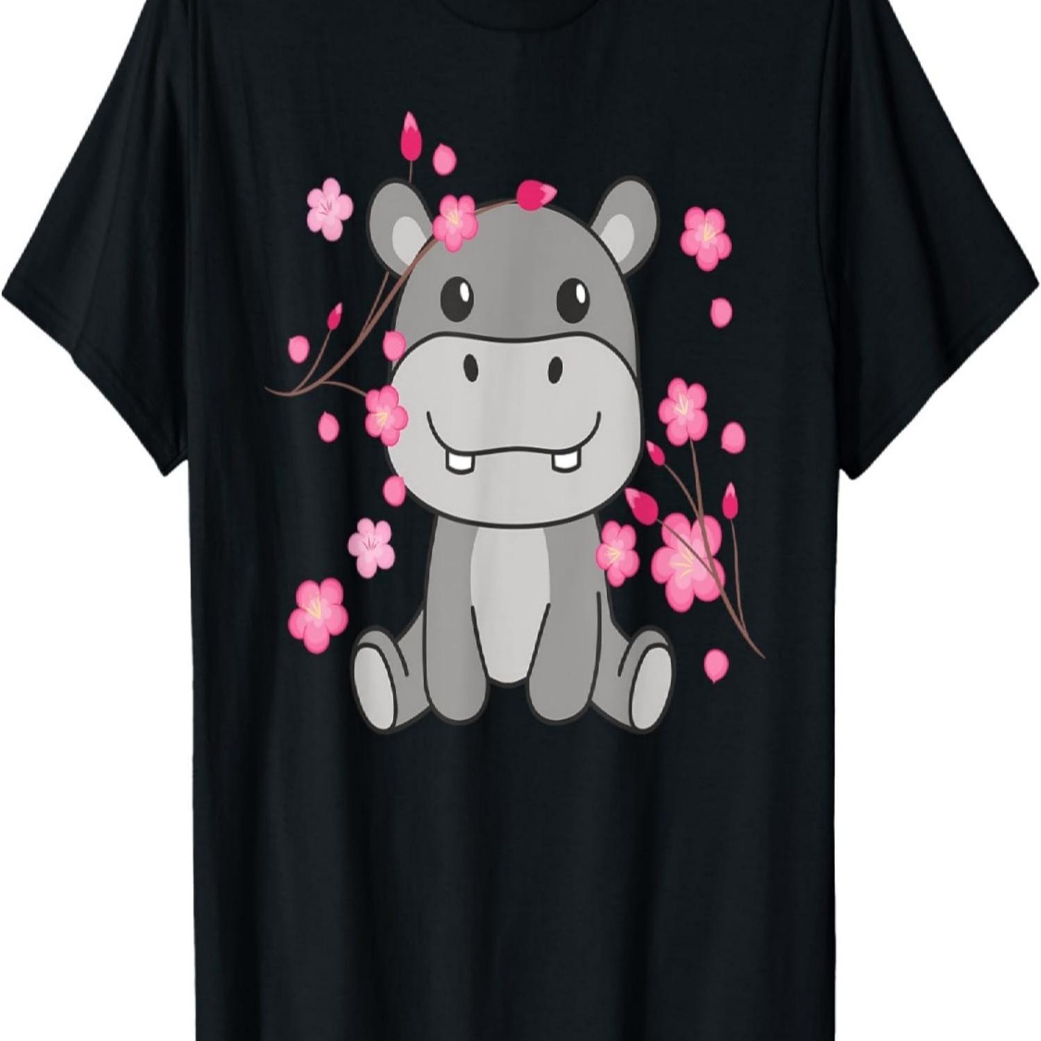 Hippo Cute Animals For Kids Kawaii Cherry Blossoms T-Shirt S