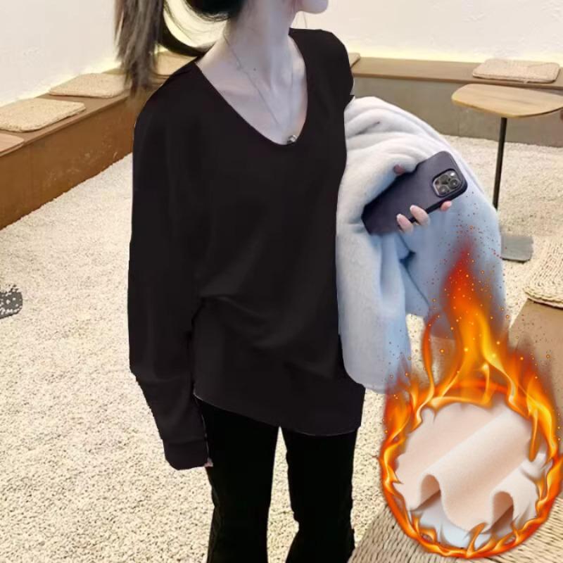 White Long-sleeved Shirt Women's Autumn and Winter Loose Version with Bottoming Shirt German Velvet Lazy Medium and Long Neck Top